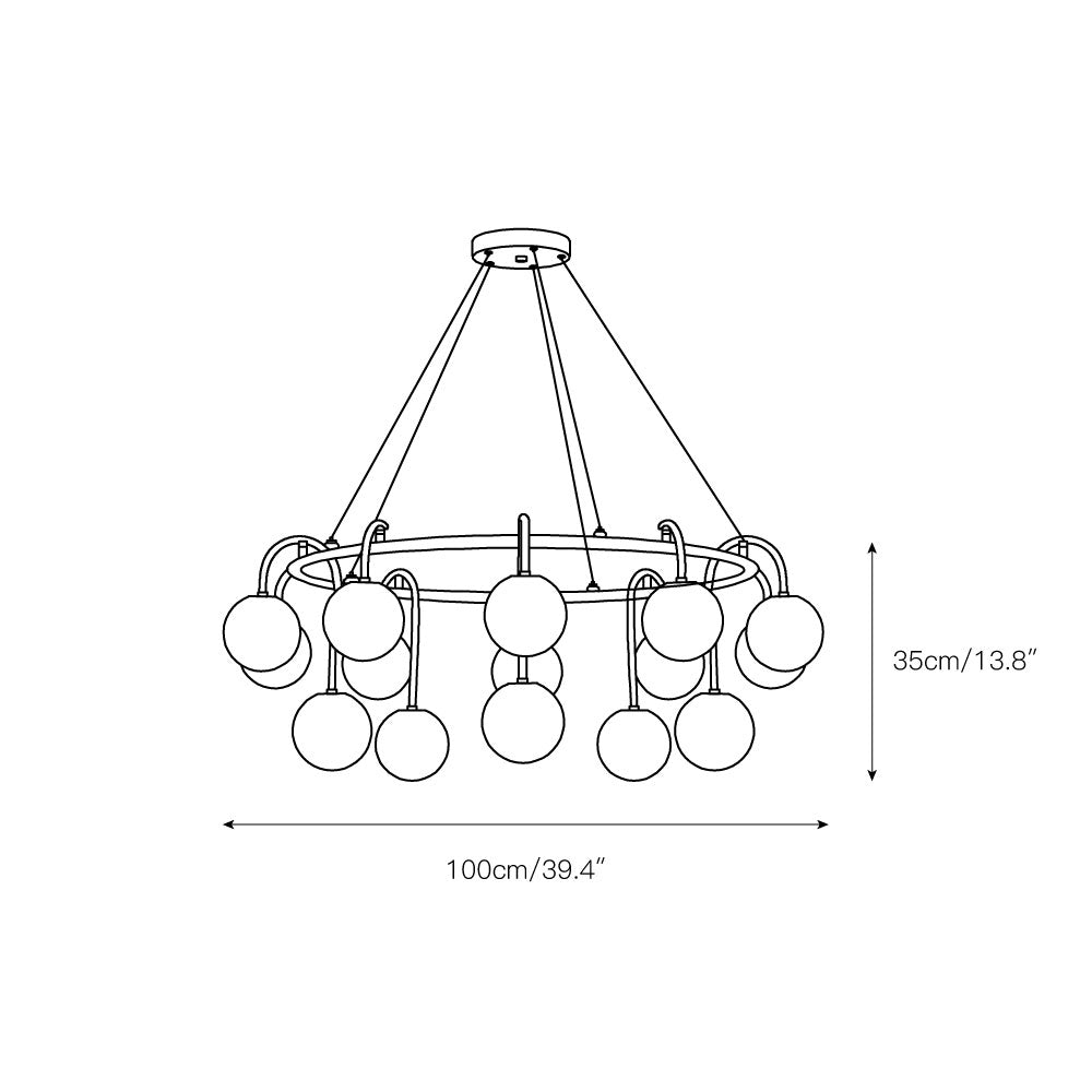 Dimension drawing for the fifteen-light Clérachic Alabaster Globe Chandelier, 100 cm (39.4″) wide and 35 cm (13.8″) high.