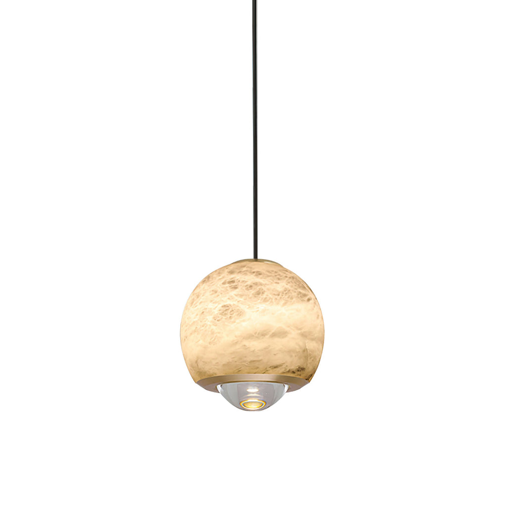 Close studio crop of the Clérachic Alabaster Globe Pendant Light, grey veining across the warm stone and the stepped lens throwing light down.