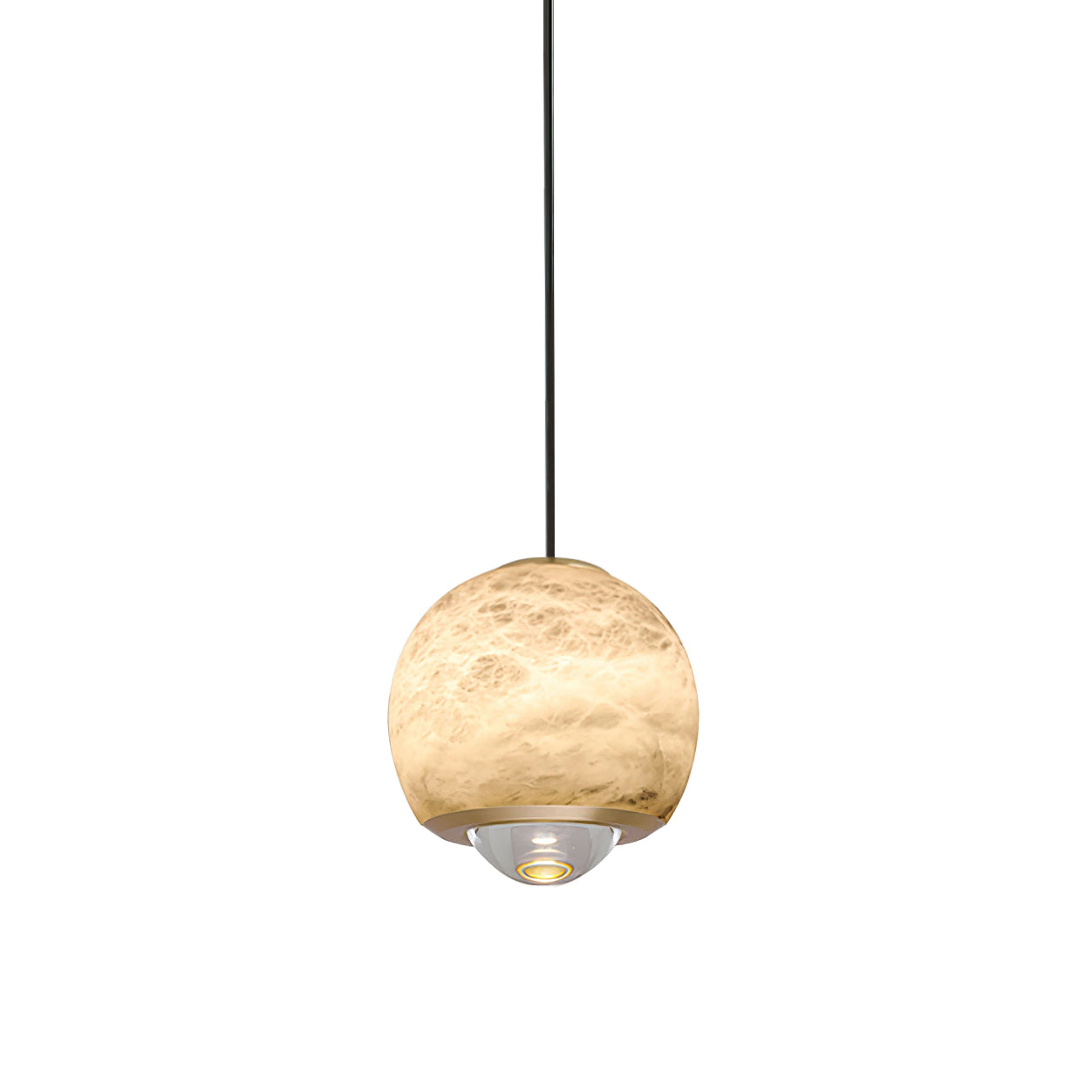 Close studio crop of the Clérachic Alabaster Globe Pendant Light, grey veining across the warm stone and the stepped lens throwing light down.