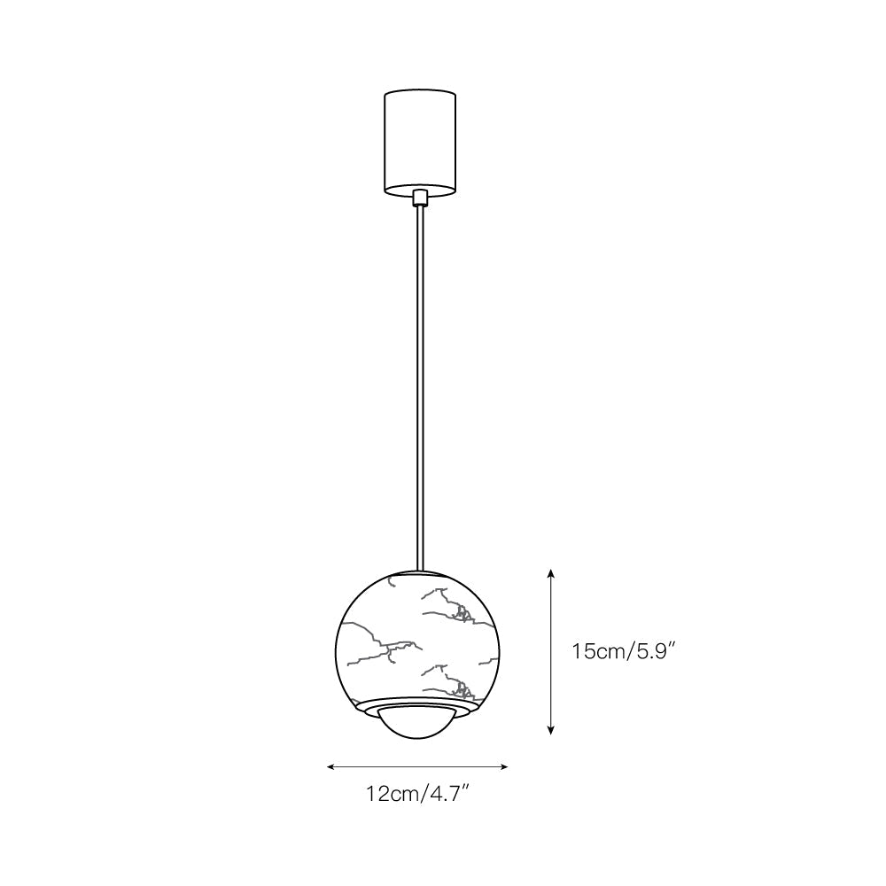 Dimension drawing of the Clérachic Alabaster Globe Pendant Light, globe 12 cm (4.7″) wide and 15 cm (5.9″) high beneath its canopy.