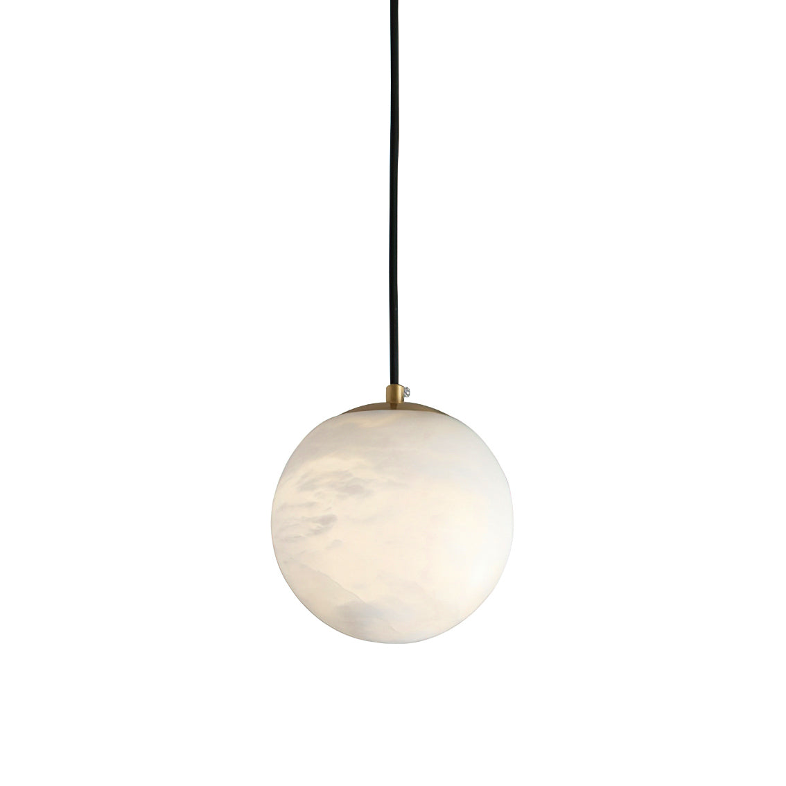 Clérachic Alabaster Globe Pendant Light on its black cord, the unlit stone showing soft grey veining against a white studio backdrop.