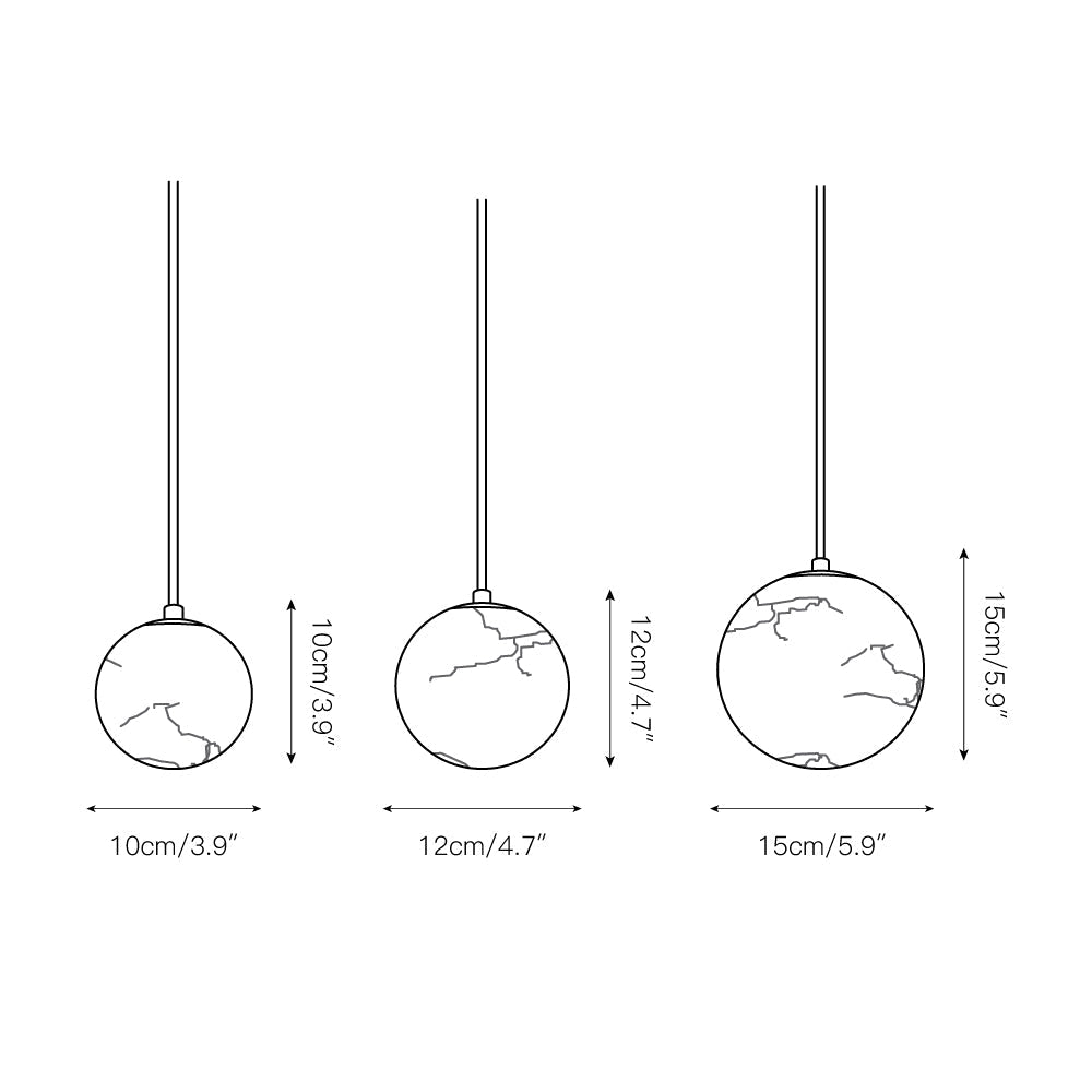 Dimension drawing for the Clérachic Alabaster Globe Pendant Light, showing globes of 10cm/3.9″, 12cm/4.7″ and 15cm/5.9″.