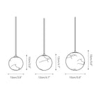 Dimension drawing for the Clérachic Alabaster Globe Pendant Light, showing globes of 10cm/3.9″, 12cm/4.7″ and 15cm/5.9″.