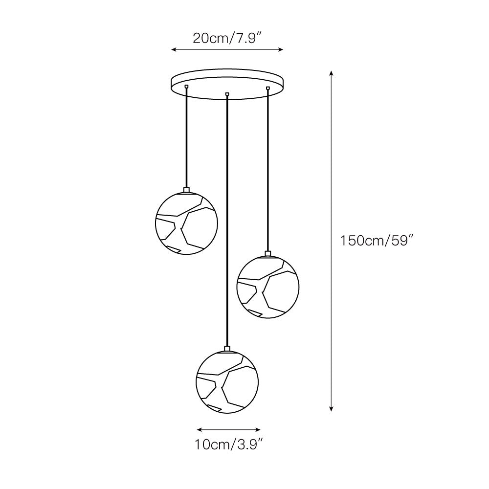 Dimension drawing of the Clérachic Alabaster Globe Pendant Light cluster: 20cm/7.9″ canopy, 10cm/3.9″ globes, 150cm/59″ drop.