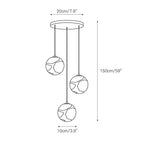 Dimension drawing of the Clérachic Alabaster Globe Pendant Light cluster: 20cm/7.9″ canopy, 10cm/3.9″ globes, 150cm/59″ drop.