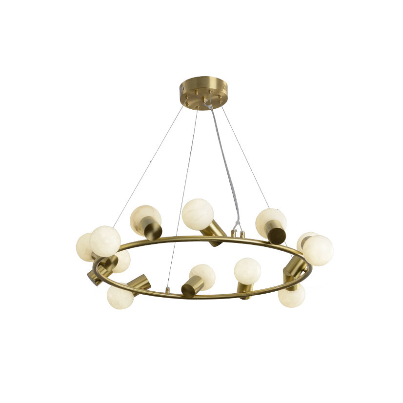 The Clérachic Alabaster Globe Ring Chandelier on a plain white background, showing the brass canopy and three suspension cables.