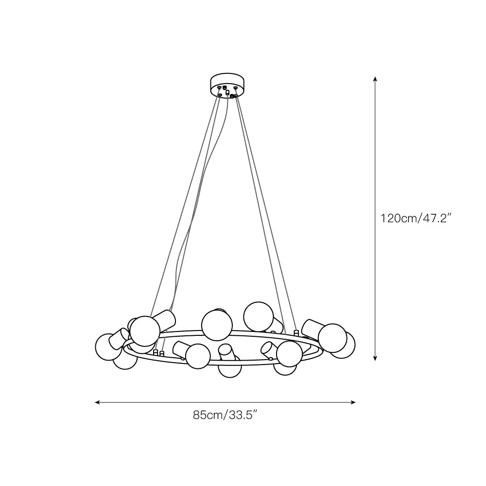 Dimension drawing for the Clérachic Alabaster Globe Ring Chandelier, 85cm/33.5″ wide and 120cm/47.2″ high, the twelve-light ring.
