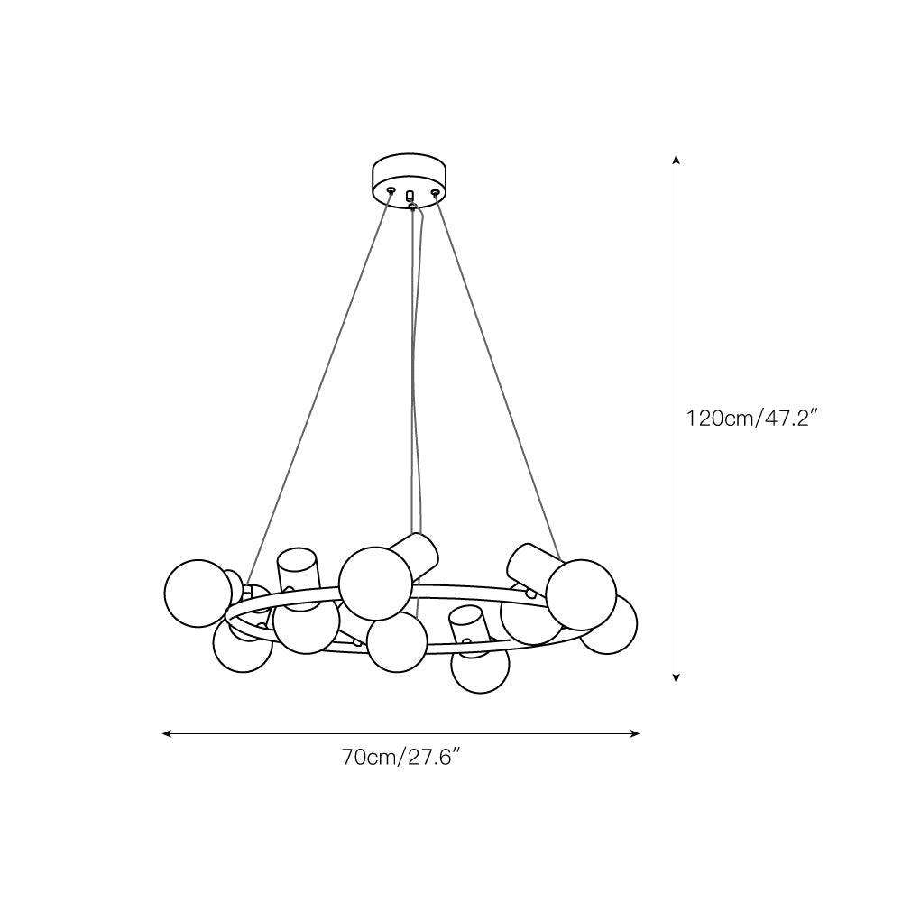 Dimension drawing for the Clérachic Alabaster Globe Ring Chandelier, 70cm/27.6″ wide and 120cm/47.2″ high, the nine-light ring.