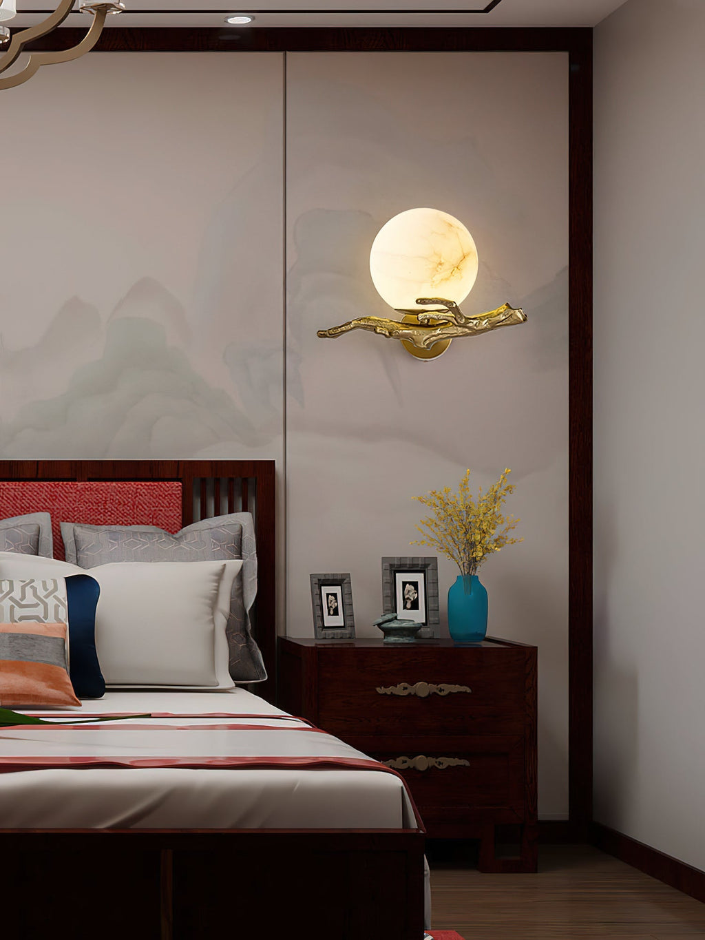 The Clérachic Alabaster Globe Wall Sconce beside a bed on an ink-wash wall panel, lighting the nightstand with a soft warm pool.