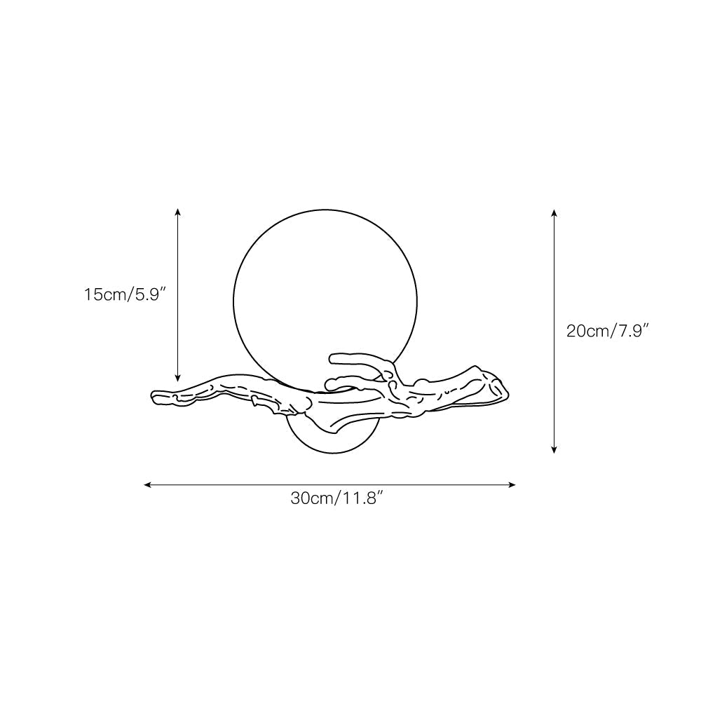 Dimension drawing for the Clérachic Alabaster Globe Wall Sconce, 30cm/11.8″ wide and 20cm/7.9″ high with a 15cm/5.9″ globe.