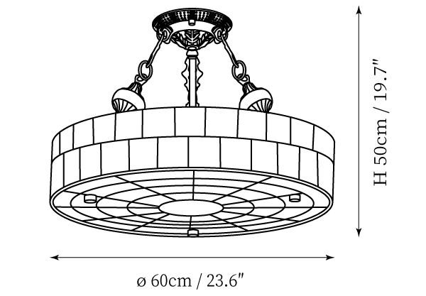 Clérachic ceiling light dimension drawing, every measurement marked in centimetres and inches.