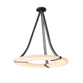 Clérachic halo pendant, a glowing alabaster ring held on three dark bronze straps.