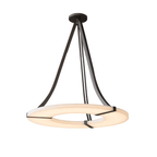 Clérachic halo pendant, a glowing alabaster ring held on three dark bronze straps.