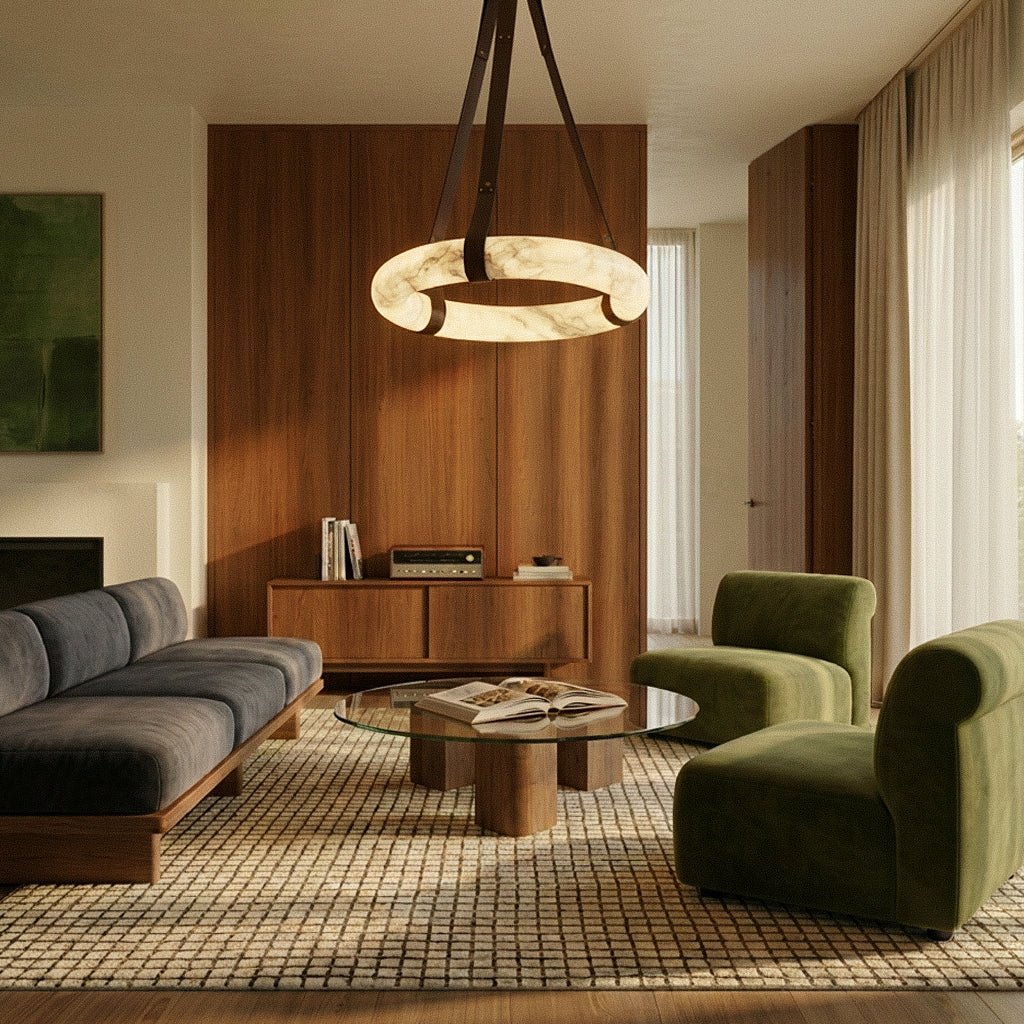 Clérachic alabaster ring pendant on dark leather straps hung over a glass coffee table in a living room with walnut joinery.