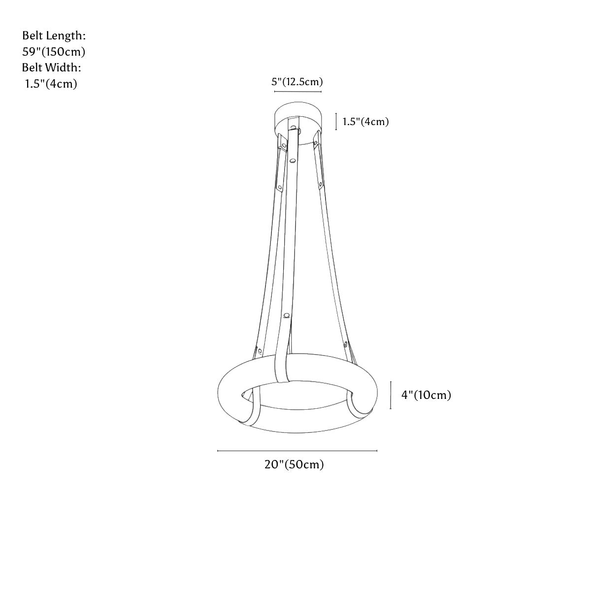 Clérachic pendant light dimension drawing, 50 cm, every measurement marked in centimetres and inches.