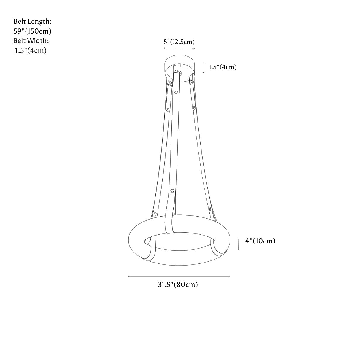 Clérachic pendant light dimension drawing, 80 cm, every measurement marked in centimetres and inches.