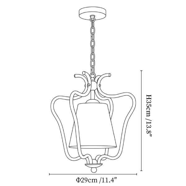 Clérachic pendant light dimension drawing, every measurement marked in centimetres and inches.