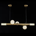 Clérachic Alabaster Linear Bar Pendant Light with three globes, hanging level on two fine cables from a pair of brass canopies.
