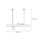 Dimension drawing for the Clérachic Alabaster Linear Bar Pendant Light with three globes: 100cm/39.4″ bar, 150cm/59″ drop.
