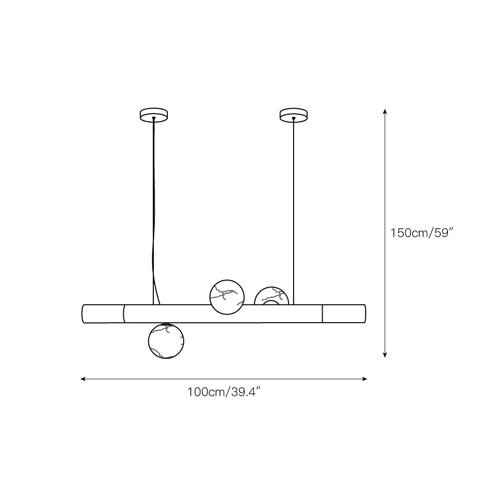 Dimension drawing for the Clérachic Alabaster Linear Bar Pendant Light with three globes: 100cm/39.4″ bar, 150cm/59″ drop.