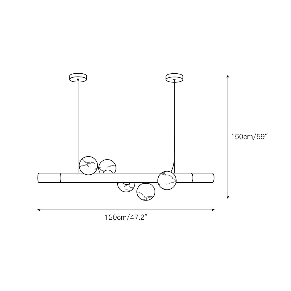 Dimension drawing for the Clérachic Alabaster Linear Bar Pendant Light with five globes: 120cm/47.2″ bar, 150cm/59″ drop.