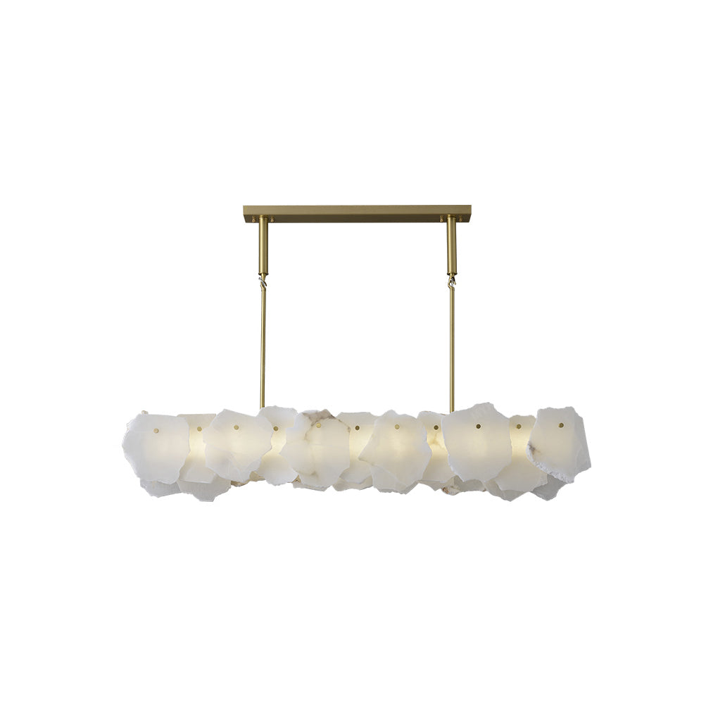 Clérachic alabaster linear chandelier shown unlit on white, slabs lapped along the brass bar under a rectangular ceiling plate