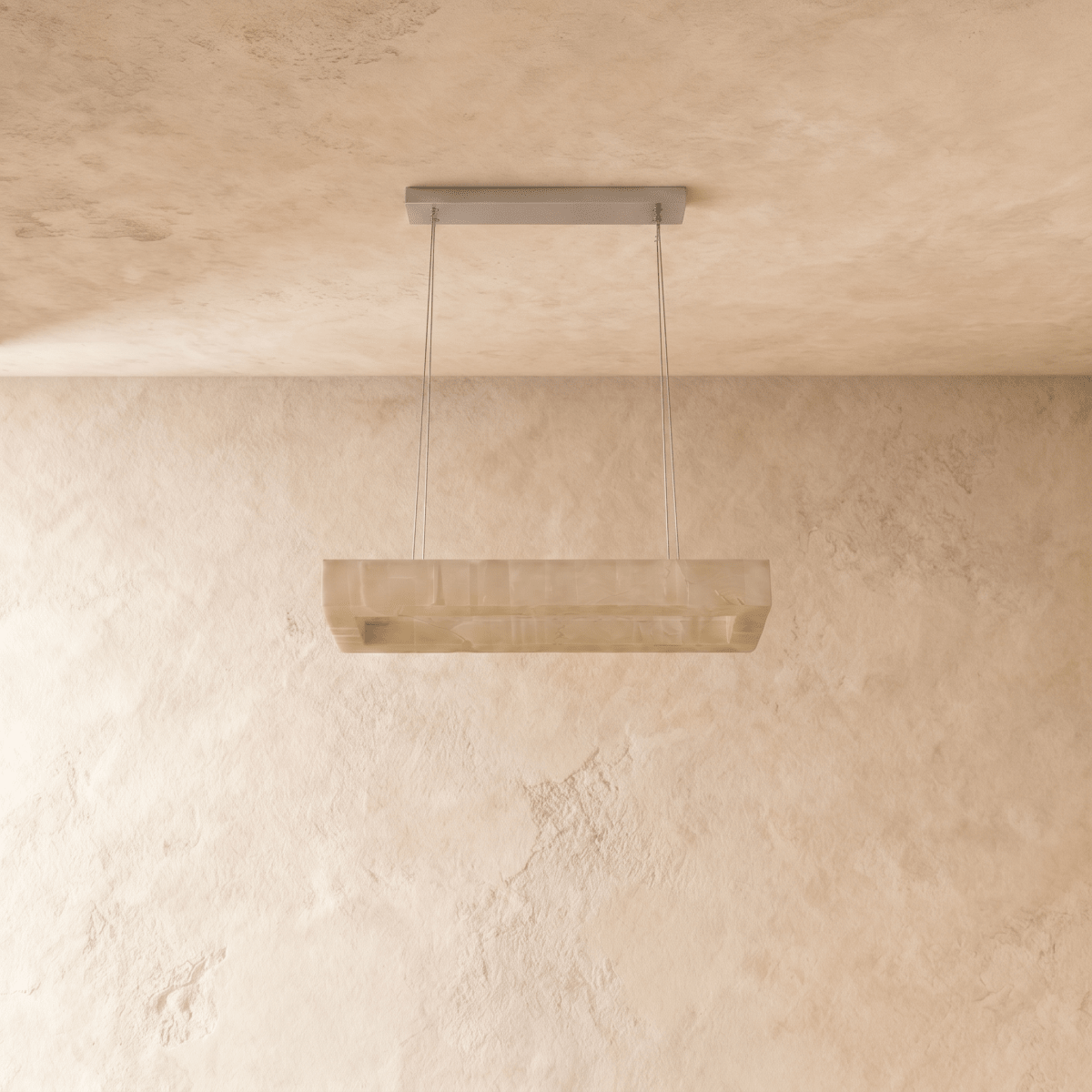 Clérachic rectangular alabaster chandelier switched off, showing the pale veined stone shade on two cables.