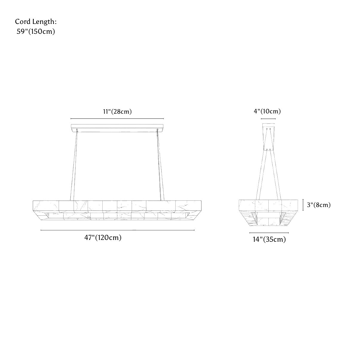 Clérachic chandelier dimension drawing, 120 × 35 cm, every measurement marked in centimetres and inches.