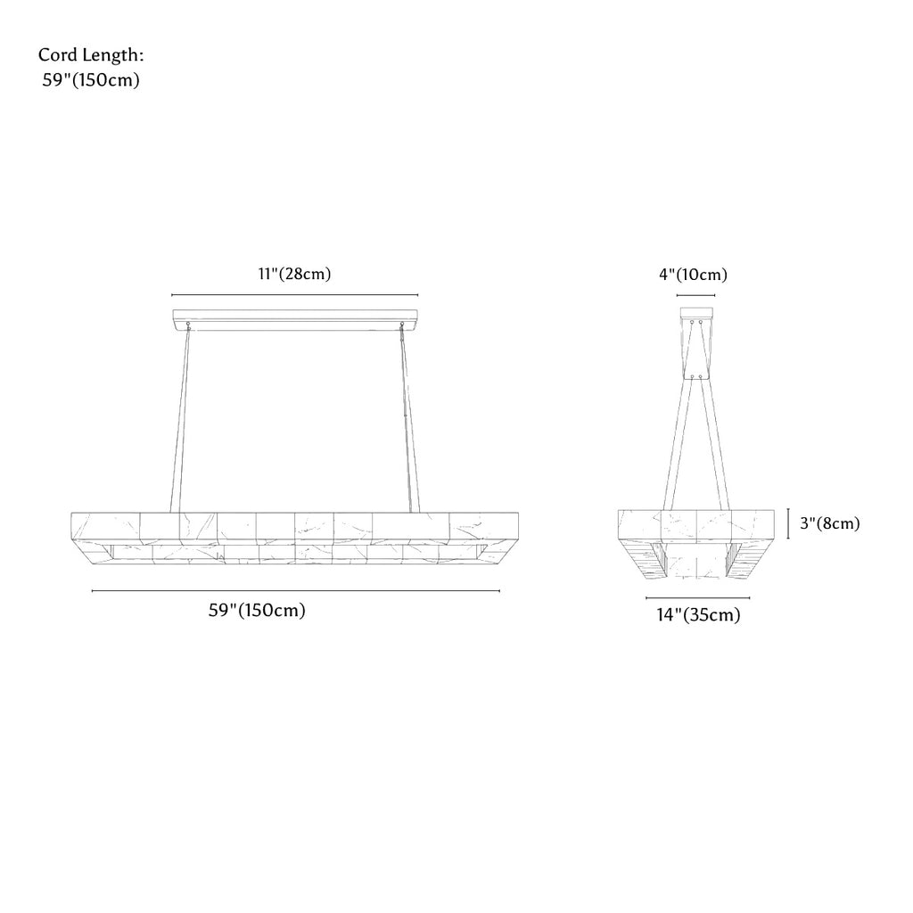 Clérachic chandelier dimension drawing, 150 × 35 cm, every measurement marked in centimetres and inches.