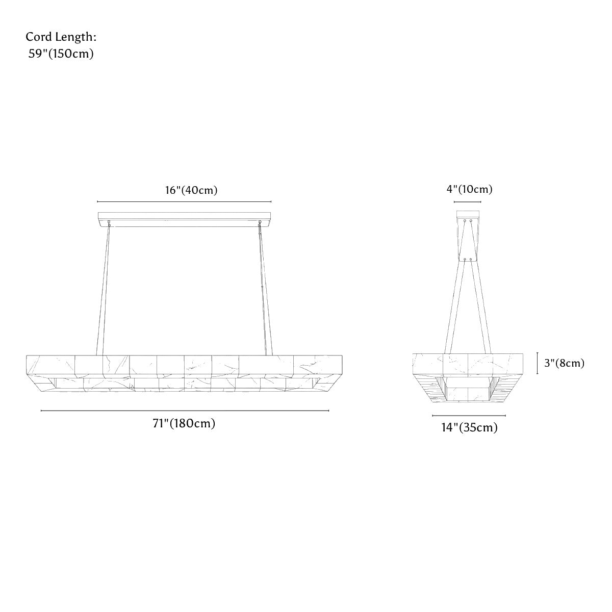 Clérachic chandelier dimension drawing, 180 × 35 cm, every measurement marked in centimetres and inches.