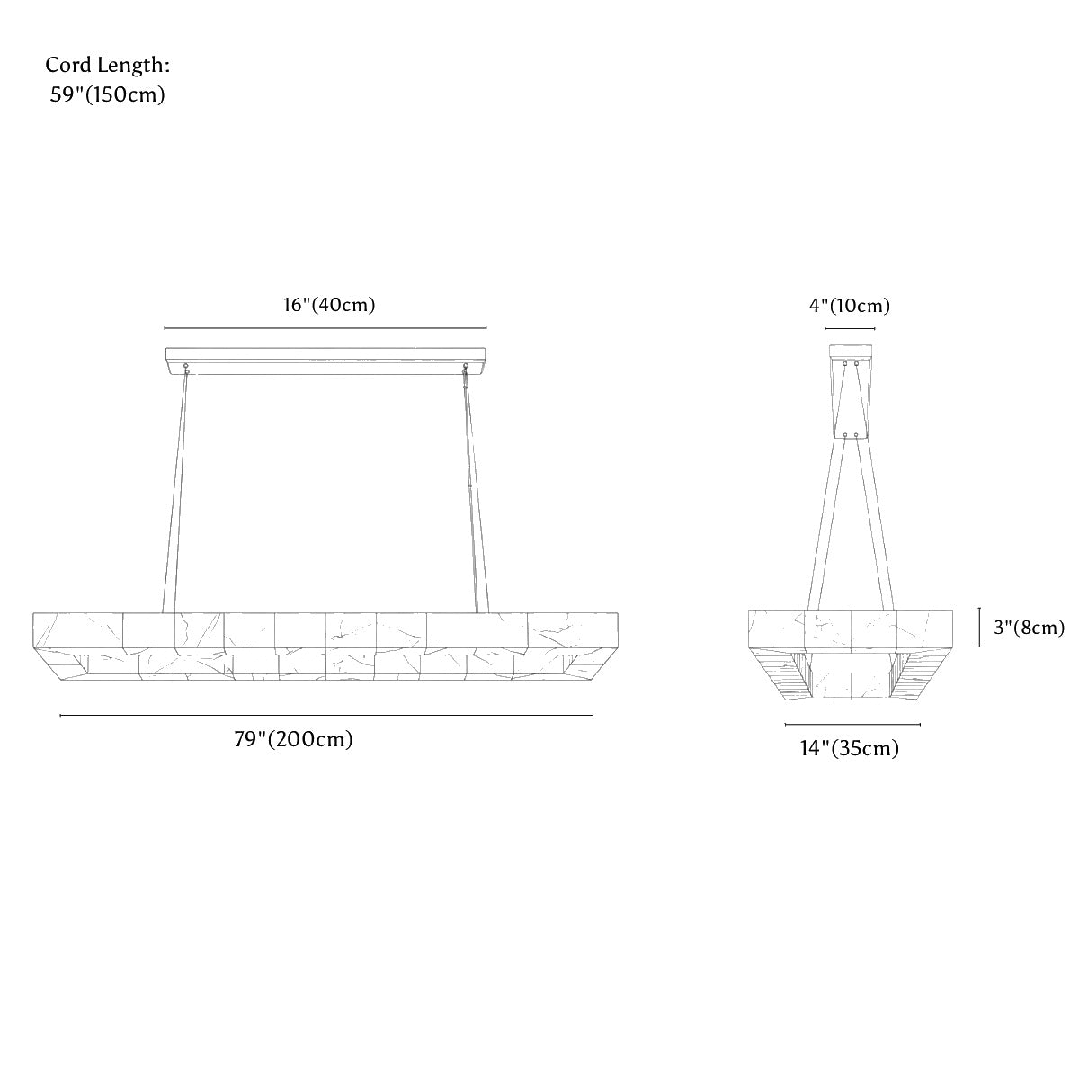 Clérachic chandelier dimension drawing, 200 × 35 cm, every measurement marked in centimetres and inches.