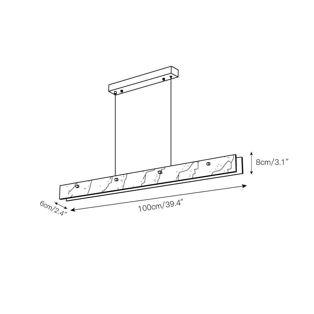 Clérachic dimension drawing of the linear pendant: 100cm/39.4in long, 8cm/3.1in tall and 6cm/2.4in deep.