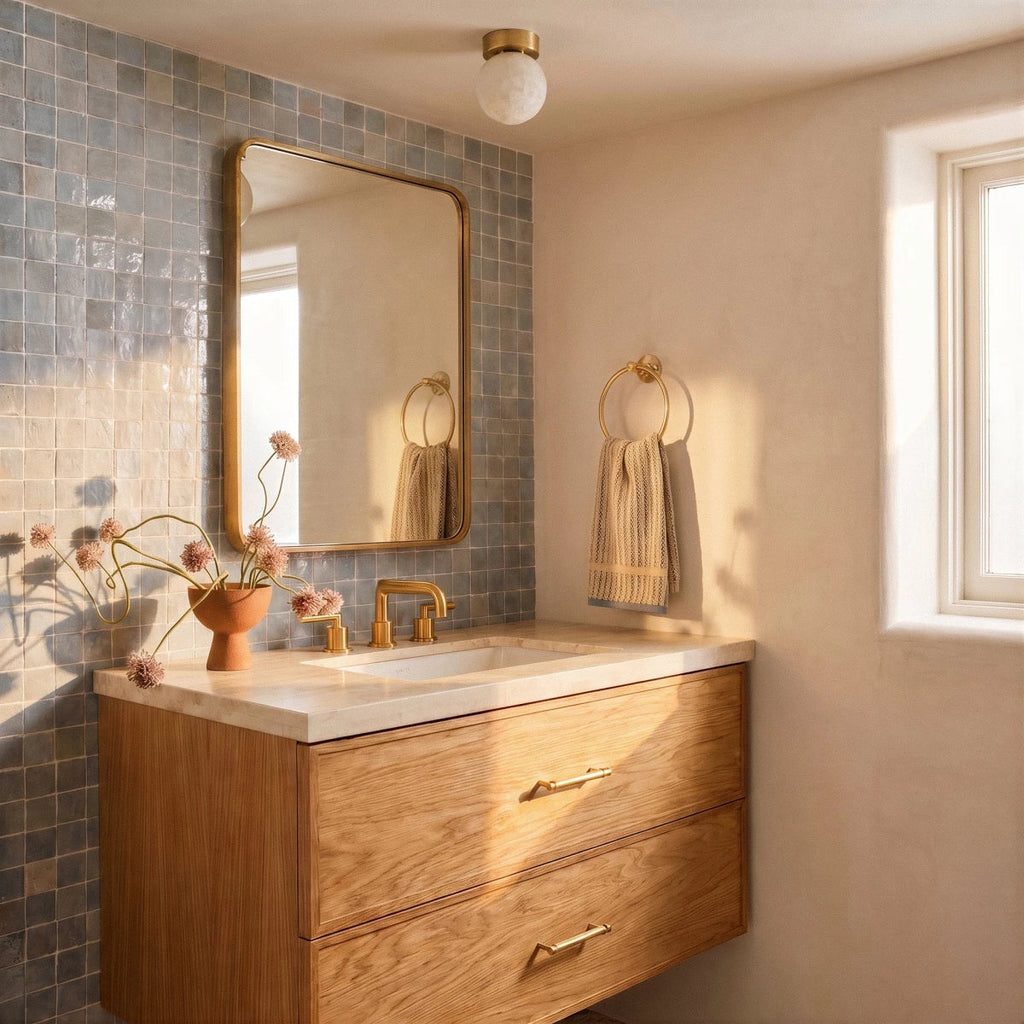 Clérachic round alabaster ceiling light on a brass canopy above a bathroom with blue glazed tiles and an oak vanity.