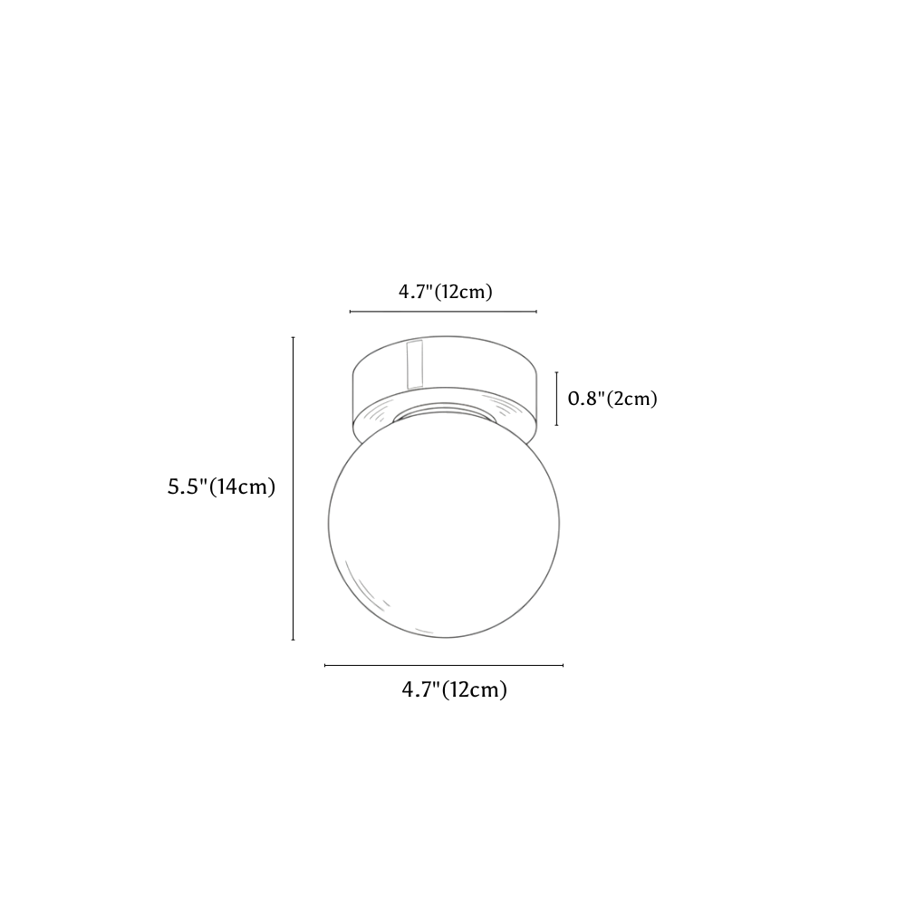 Clérachic ceiling light dimension drawing, Round, every measurement marked in centimetres and inches.