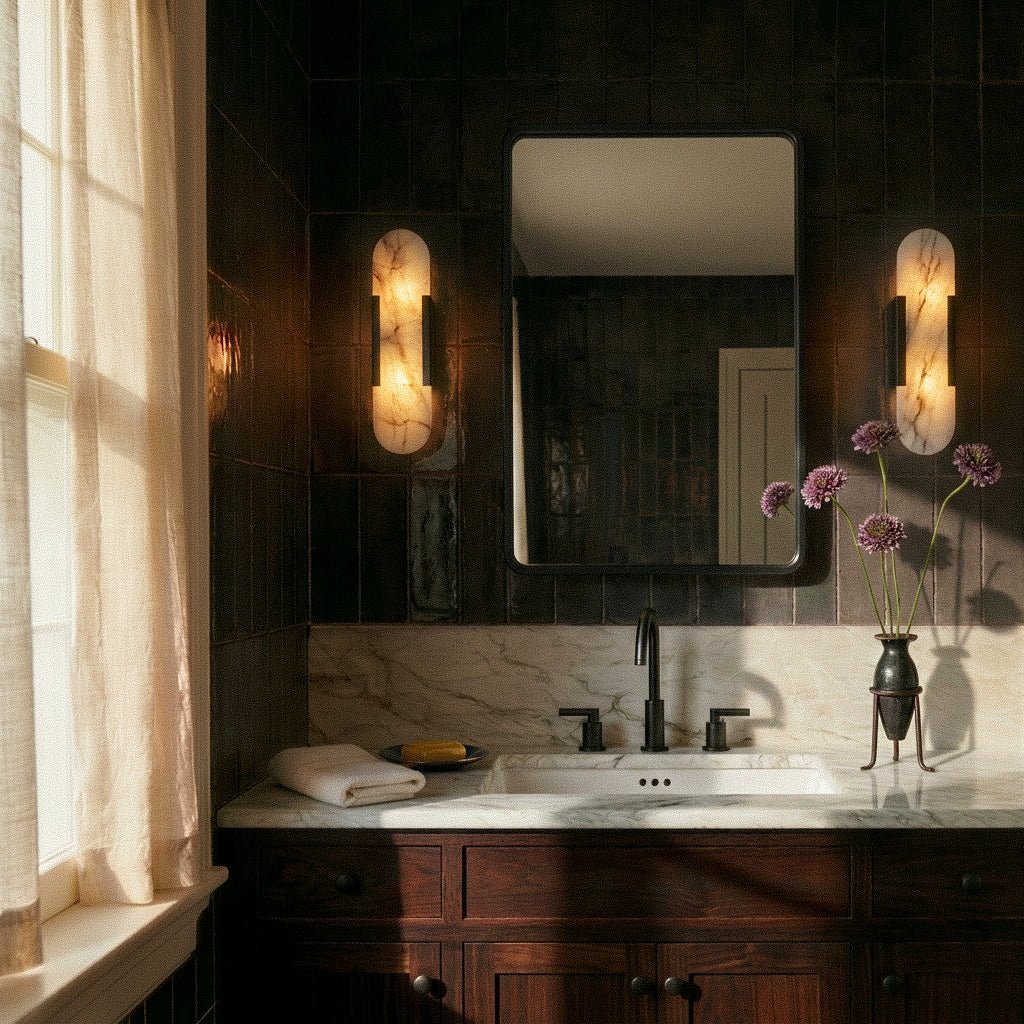 Pair of Clérachic black wall lights with veined alabaster shades flanking a mirror above a marble vanity.
