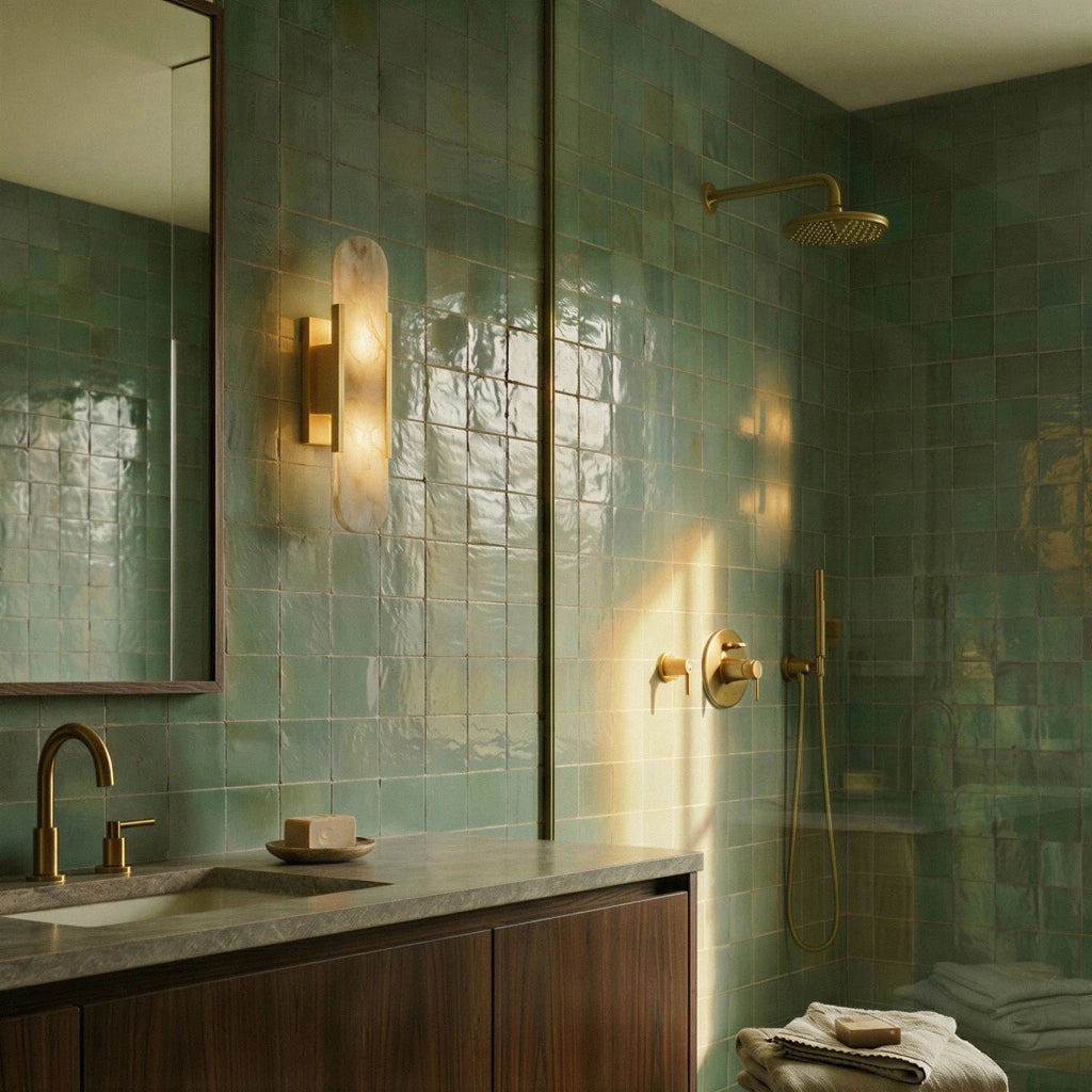 Clérachic gold wall light with an alabaster shade beside a mirror in a bathroom of green glazed tiles.