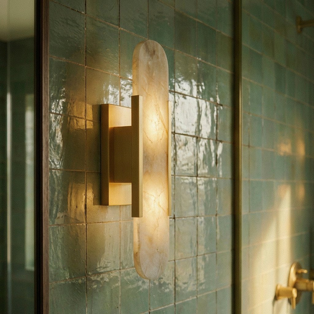 Clérachic gold wall light seen from the side, its alabaster shade glowing against glazed green tile.