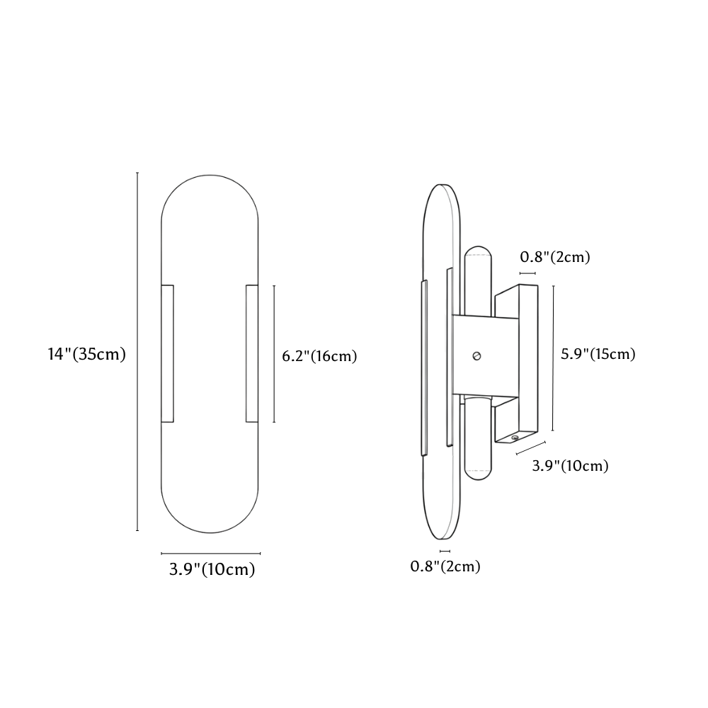 Clérachic wall light dimension drawing, 10 × 35 cm, every measurement marked in centimetres and inches.