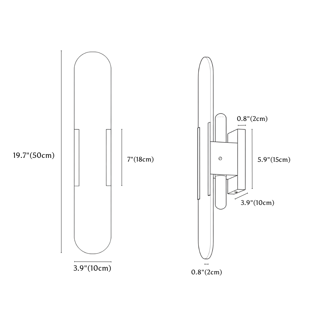 Clérachic wall light dimension drawing, 10 × 50 cm, every measurement marked in centimetres and inches.