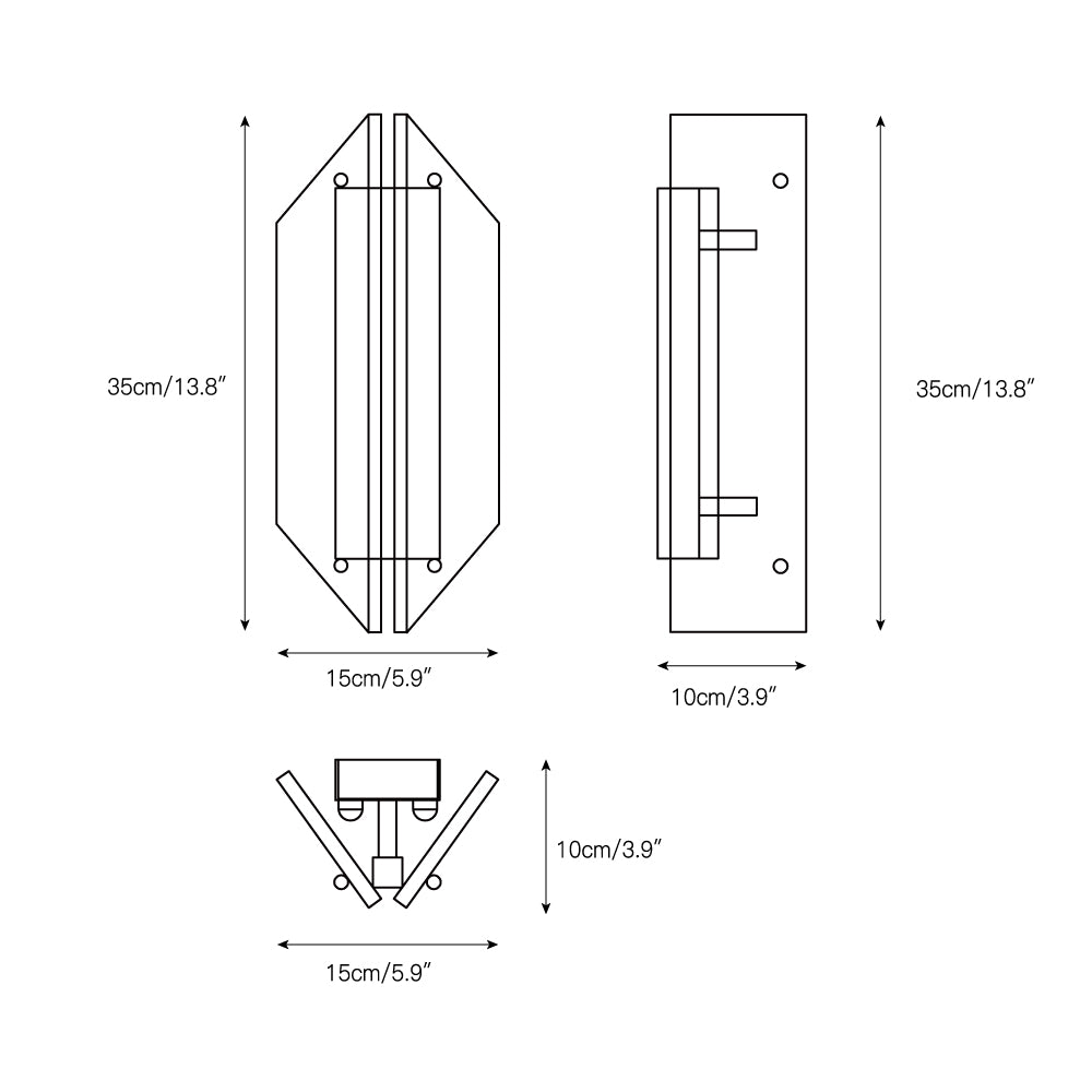 Dimension drawing for the Clérachic stone wall sconce — 35cm/13.8″ tall, 15cm/5.9″ wide and 10cm/3.9″ deep.