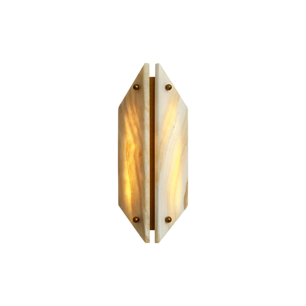 Clérachic jade wall sconce lit on a plain white background, showing the full faceted shape and brass finials.