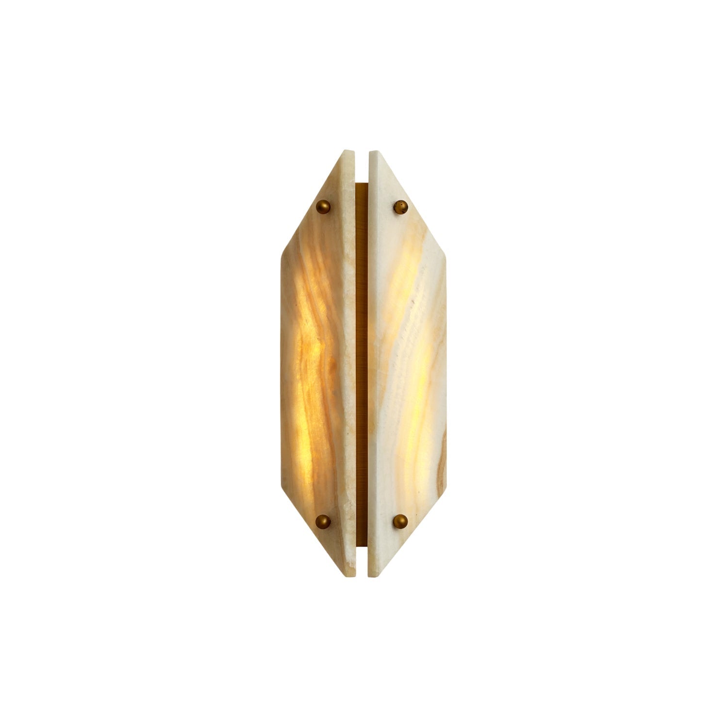 Clérachic jade wall sconce lit on a plain white background, showing the full faceted shape and brass finials.