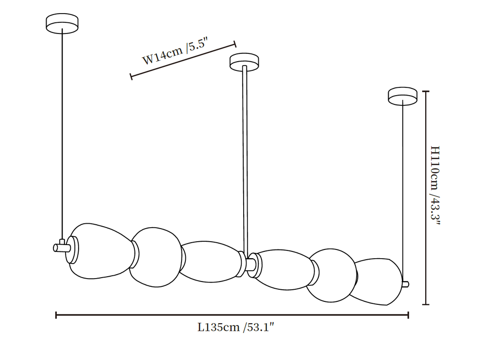 Dimension drawing of this Clérachic linear chandelier, with its length, width and drop height marked.