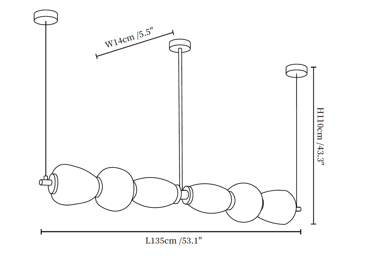 Dimension drawing of this Clérachic linear chandelier, with its length, width and drop height marked.