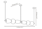 Dimension drawing of this Clérachic linear chandelier, with its length, width and drop height marked.