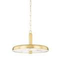 Clérachic Alabaster Pendant Light seen from below, its brass dome edged over a veined alabaster disc on a slim link chain.