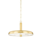 Clérachic Alabaster Pendant Light seen from below, its brass dome edged over a veined alabaster disc on a slim link chain.