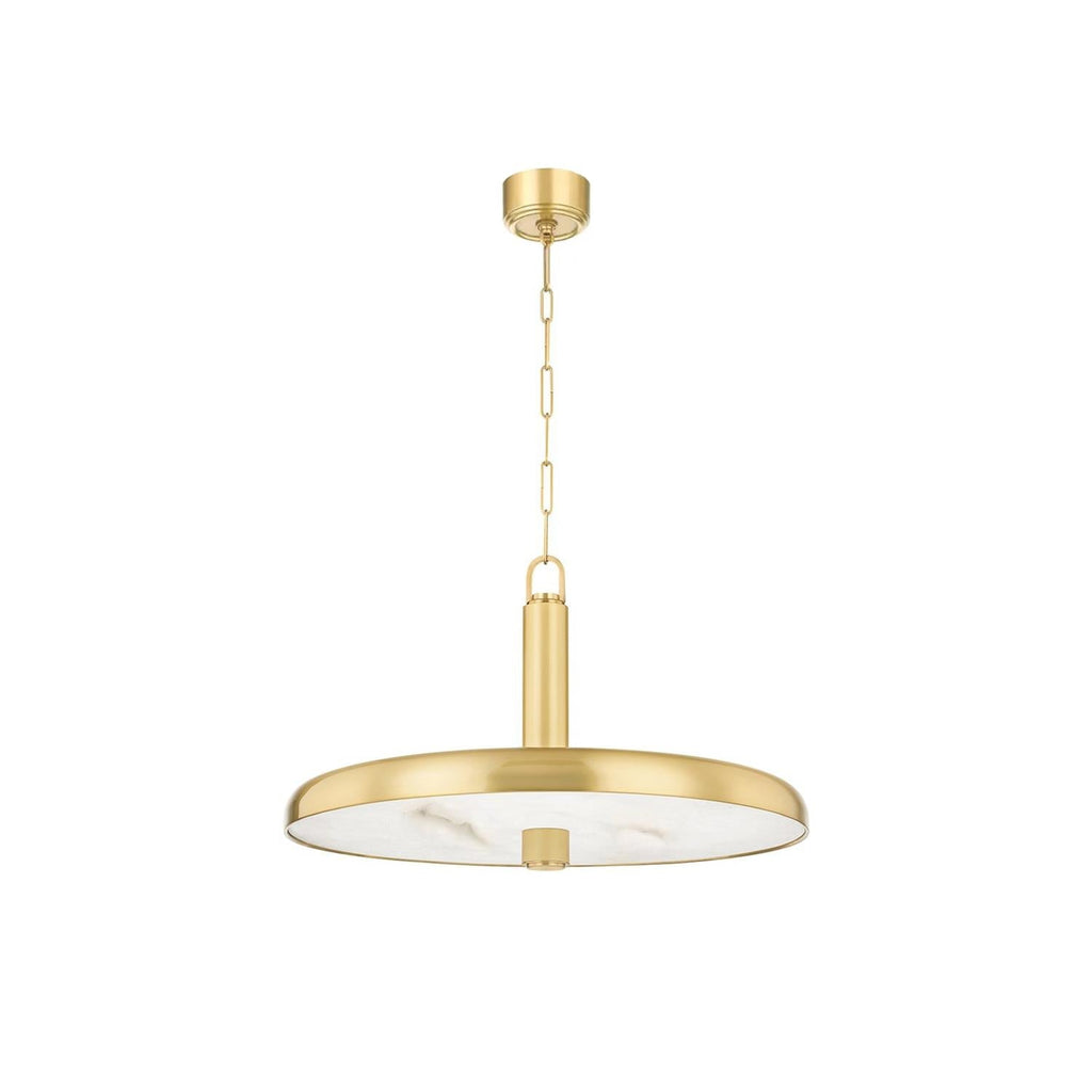The Clérachic Alabaster Pendant Light shown at full drop, from brass ceiling canopy down the chain to the wide dome and stone disc.