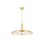 The Clérachic Alabaster Pendant Light shown at full drop, from brass ceiling canopy down the chain to the wide dome and stone disc.