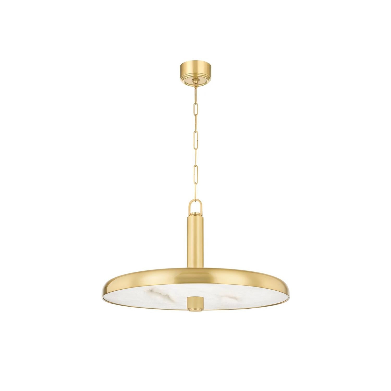 The Clérachic Alabaster Pendant Light shown at full drop, from brass ceiling canopy down the chain to the wide dome and stone disc.